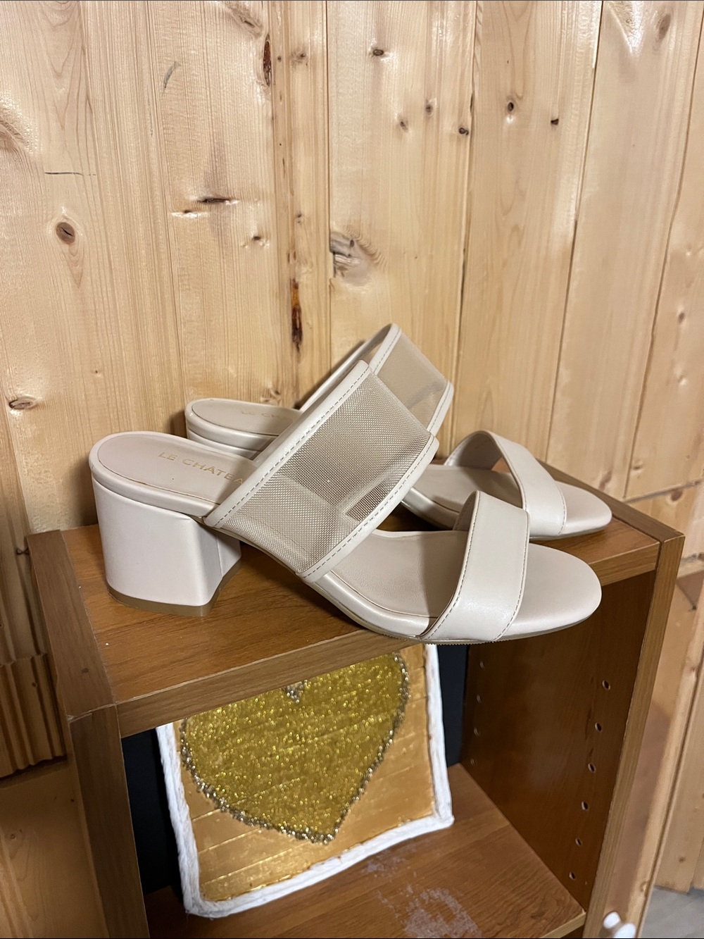 le chateau Cream Mesh Strap Block Heel Mules
